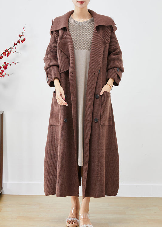 Chocolate Loose Knit Coat Outwear Double Breast Pockets Fall Ada Fashion