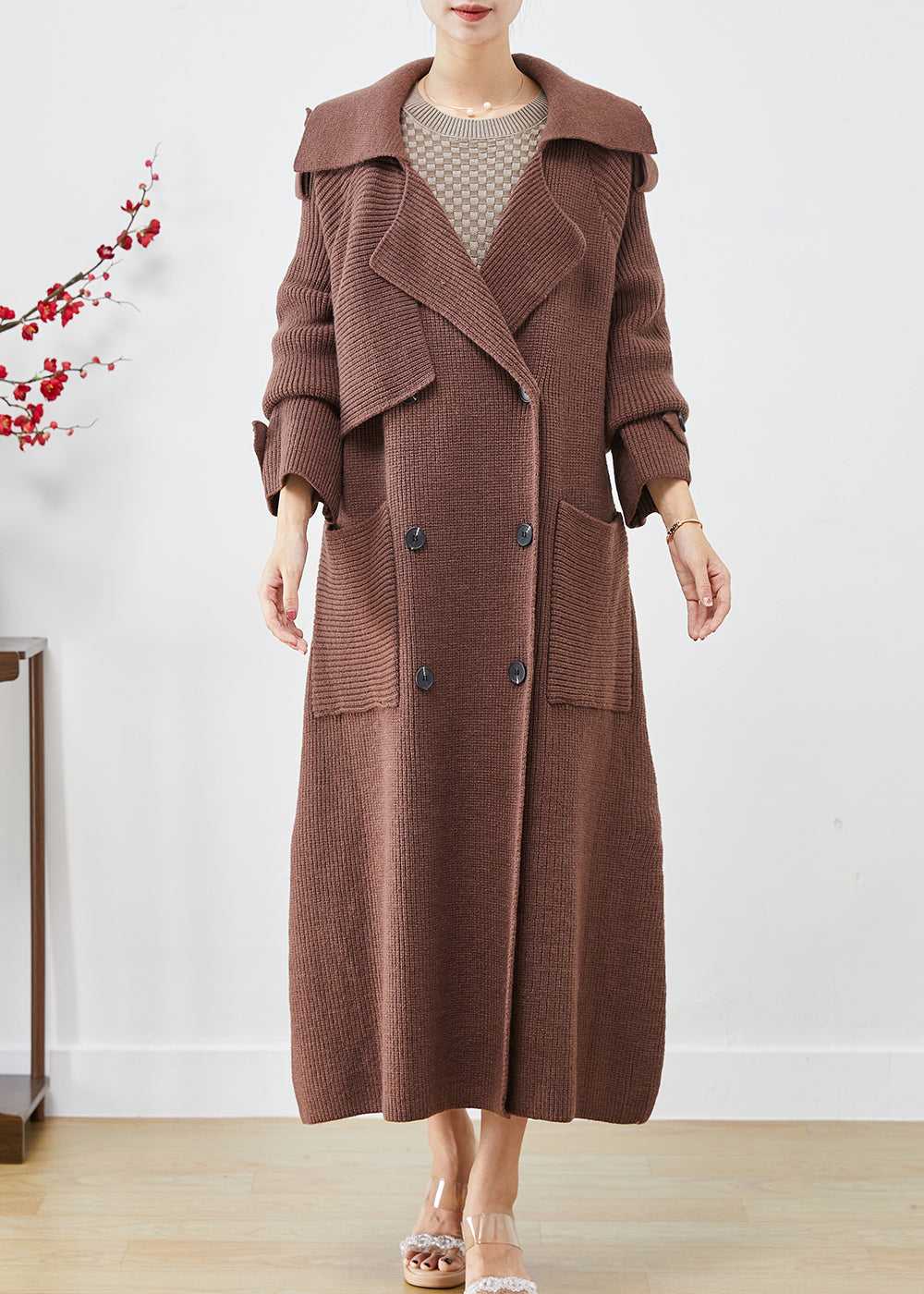 Chocolate Loose Knit Coat Outwear Double Breast Pockets Fall Ada Fashion