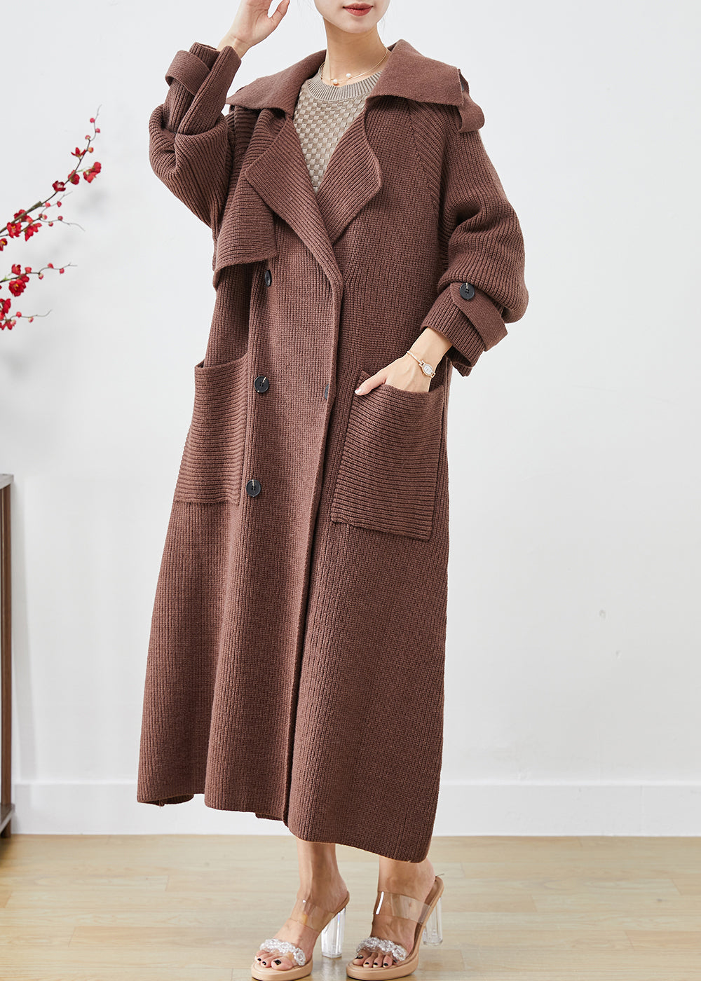 Chocolate Loose Knit Coat Outwear Double Breast Pockets Fall Ada Fashion