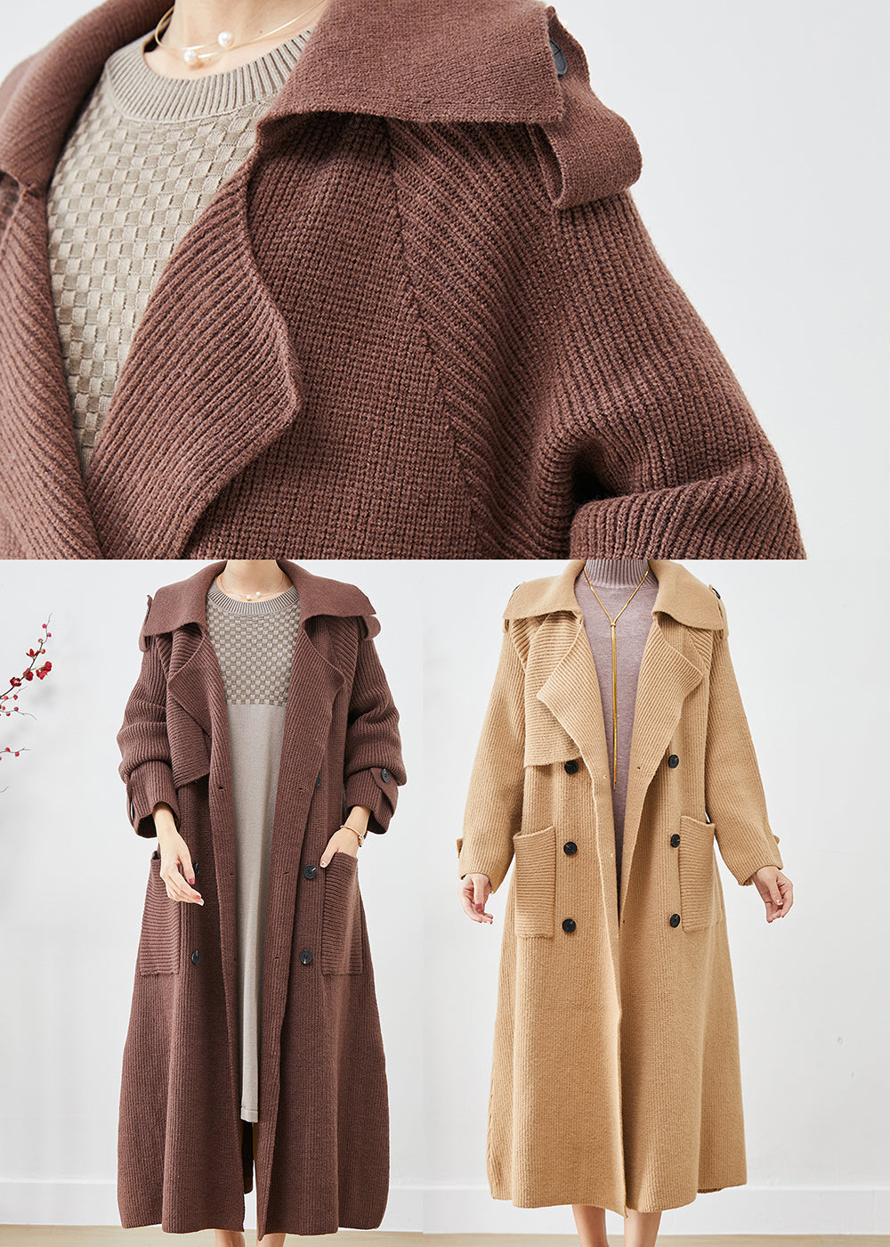 Chocolate Loose Knit Coat Outwear Double Breast Pockets Fall Ada Fashion