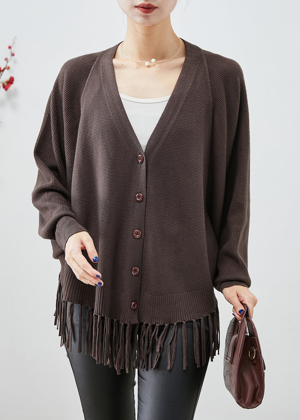 Chocolate Loose Knit Coats V Neck Tasseled Fall Ada Fashion