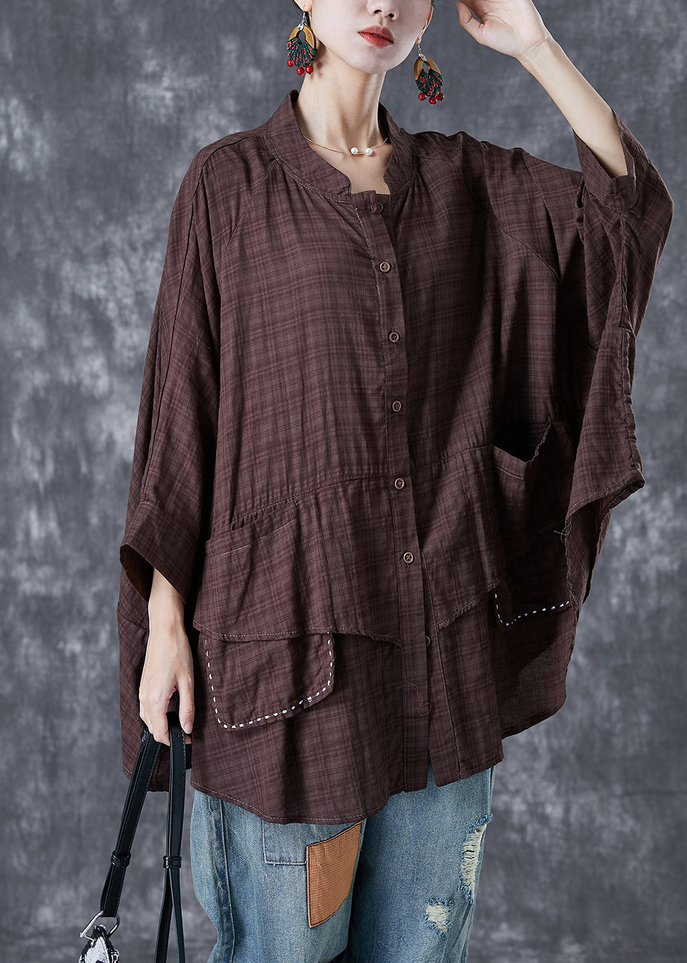 Chocolate Loose Linen Shirt Stand Collar Pockets Batwing Sleeve LY5047 - fabuloryshop