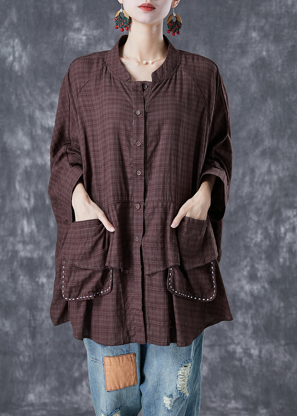 Chocolate Loose Linen Shirt Stand Collar Pockets Batwing Sleeve LY5047 - fabuloryshop