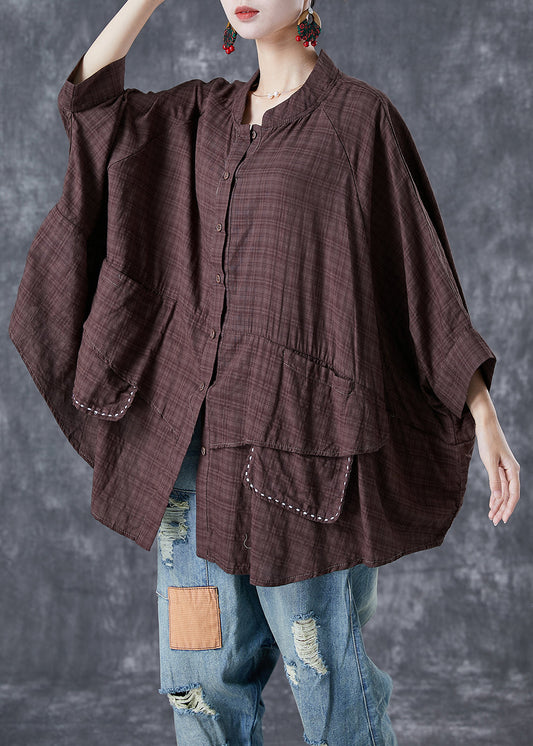 Chocolate Loose Linen Shirt Stand Collar Pockets Batwing Sleeve LY5047 - fabuloryshop