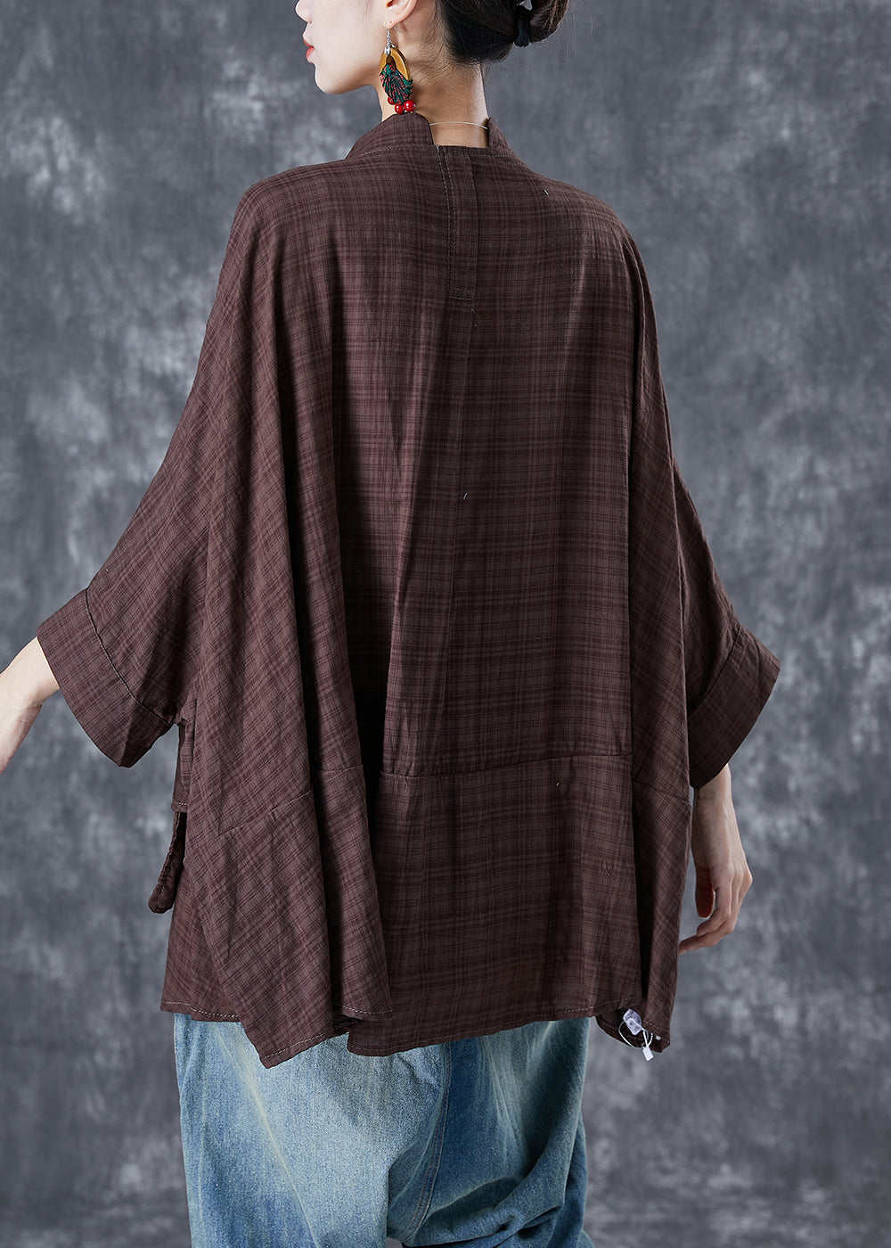 Chocolate Loose Linen Shirt Stand Collar Pockets Batwing Sleeve LY5047 - fabuloryshop