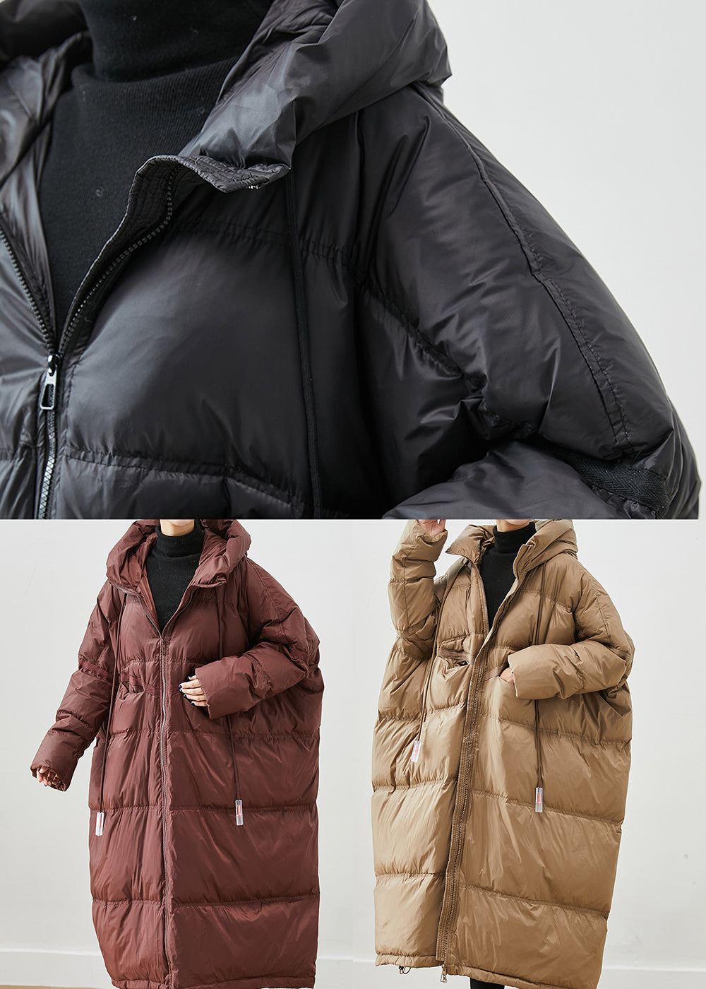 Chocolate Oversized Duck Down Jackets Hooded Drawstring Winter Ada Fashion