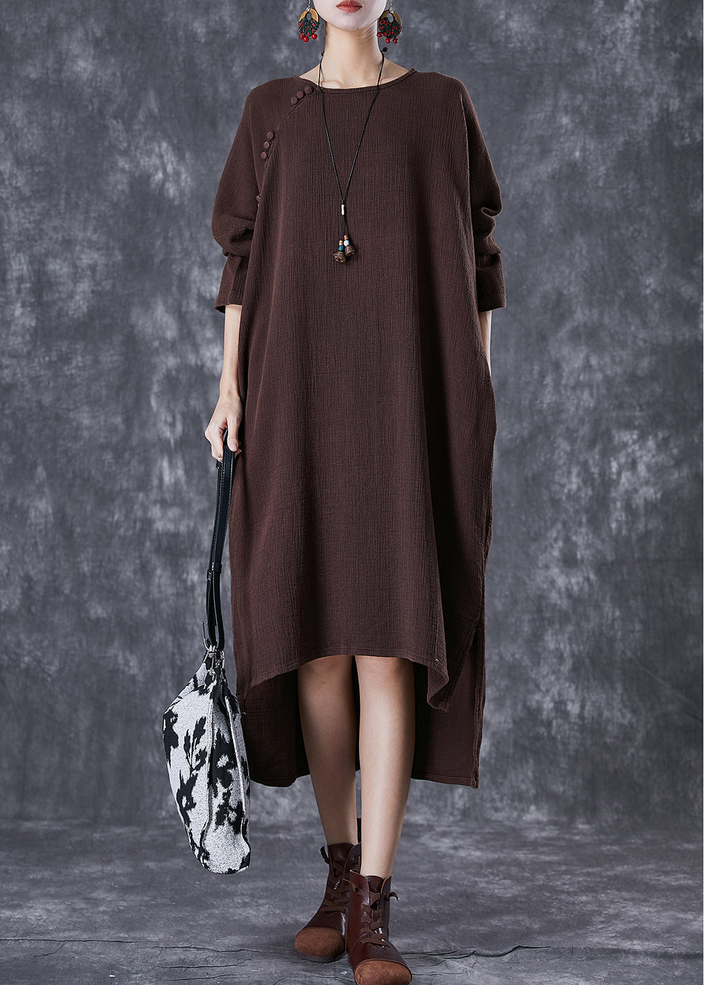 Chocolate Oversized Linen Dresses Low High Design Batwing Sleeve TD1022 - fabuloryshop