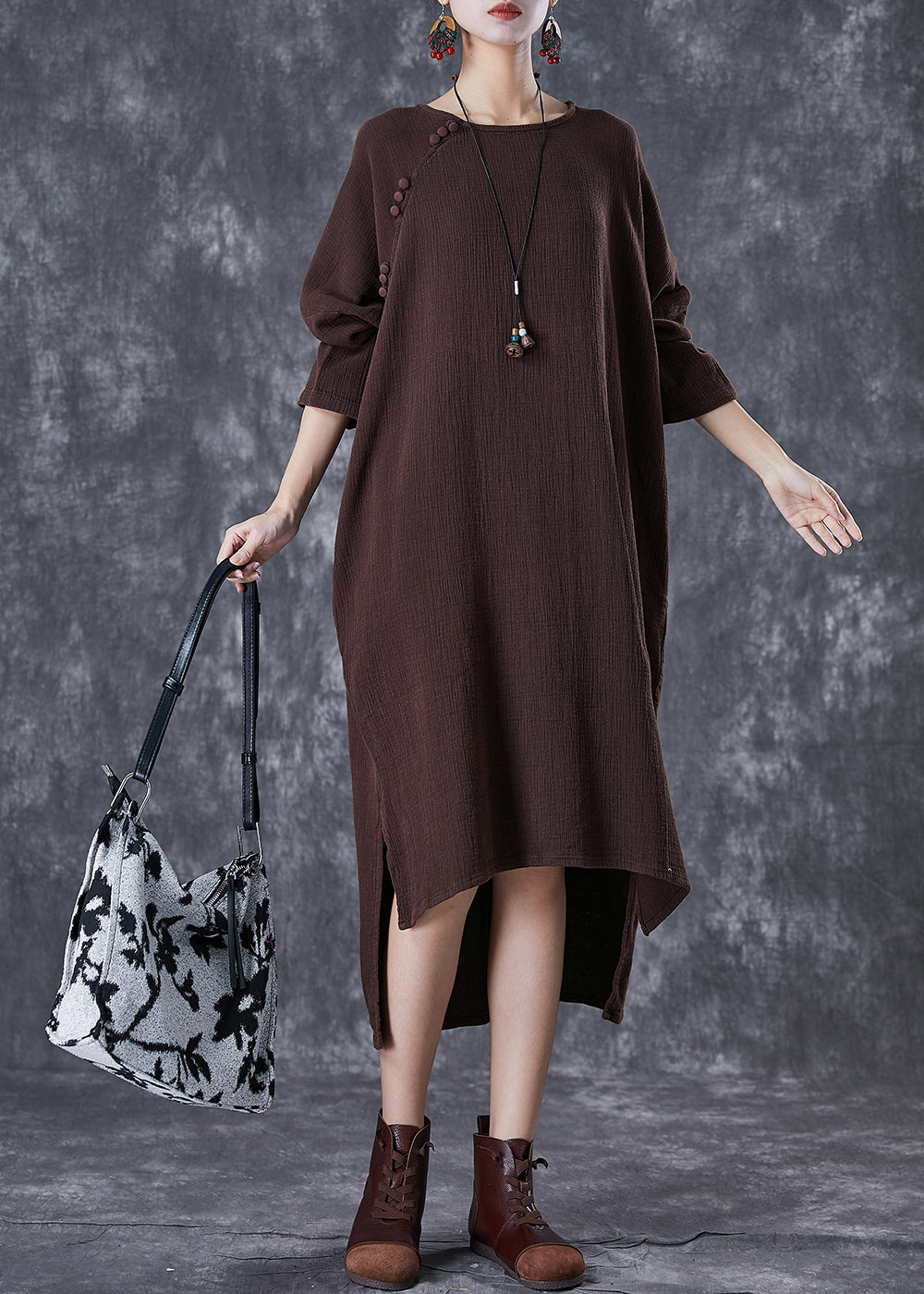 Chocolate Oversized Linen Dresses Low High Design Batwing Sleeve TD1022 - fabuloryshop