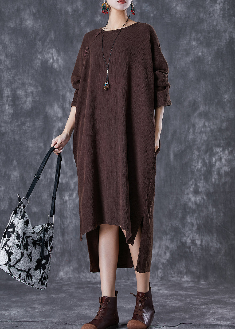 Chocolate Oversized Linen Dresses Low High Design Batwing Sleeve TD1022 - fabuloryshop