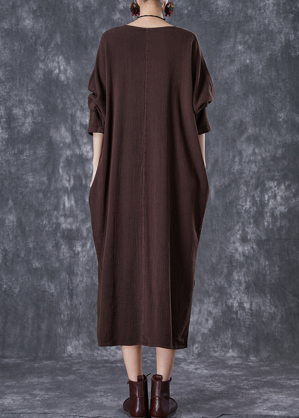 Chocolate Oversized Linen Dresses Low High Design Batwing Sleeve TD1022 - fabuloryshop