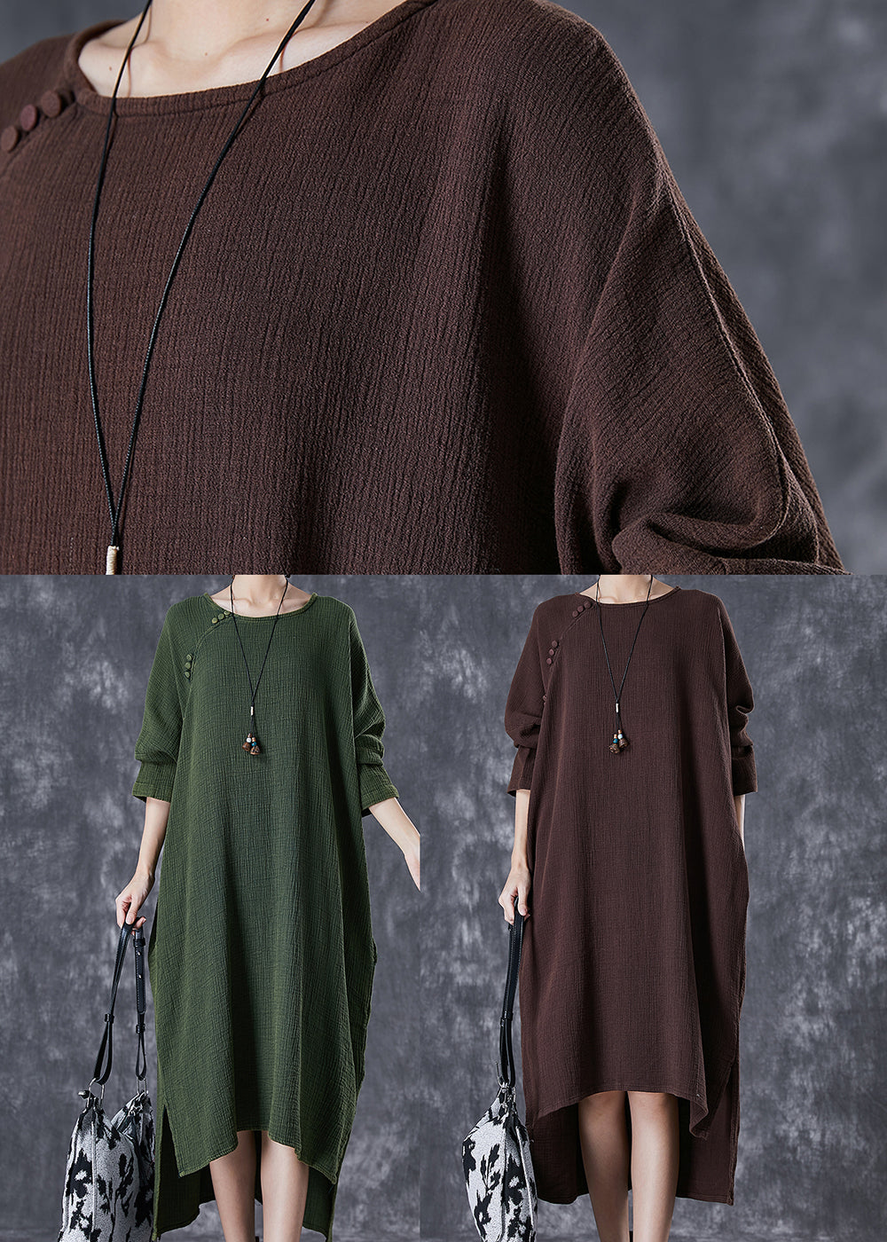 Chocolate Oversized Linen Dresses Low High Design Batwing Sleeve TD1022 - fabuloryshop