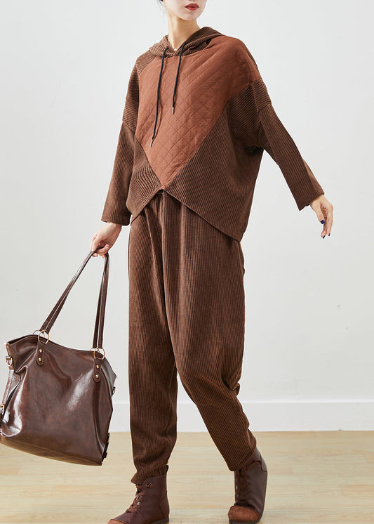 Chocolate Patchwork Corduroy Two Pieces Set Oversized Batwing Sleeve ML2449