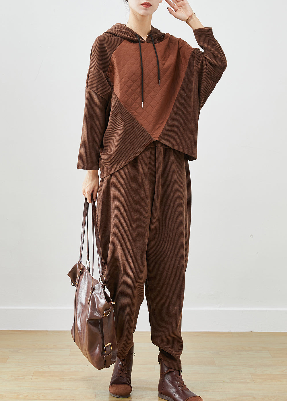 Chocolate Patchwork Corduroy Two Pieces Set Oversized Batwing Sleeve ML2449