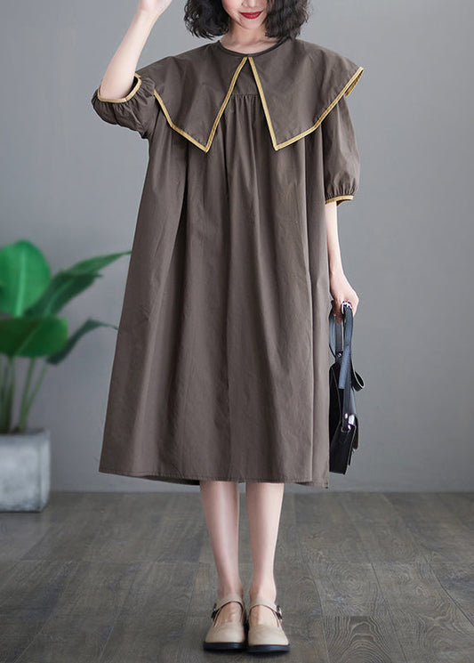 Chocolate Patchwork Cotton Long Dress Oversized O-Neck Half Sleeve LY7316 - fabuloryshop