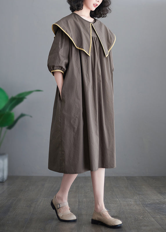 Chocolate Patchwork Cotton Long Dress Oversized O-Neck Half Sleeve LY7316 - fabuloryshop