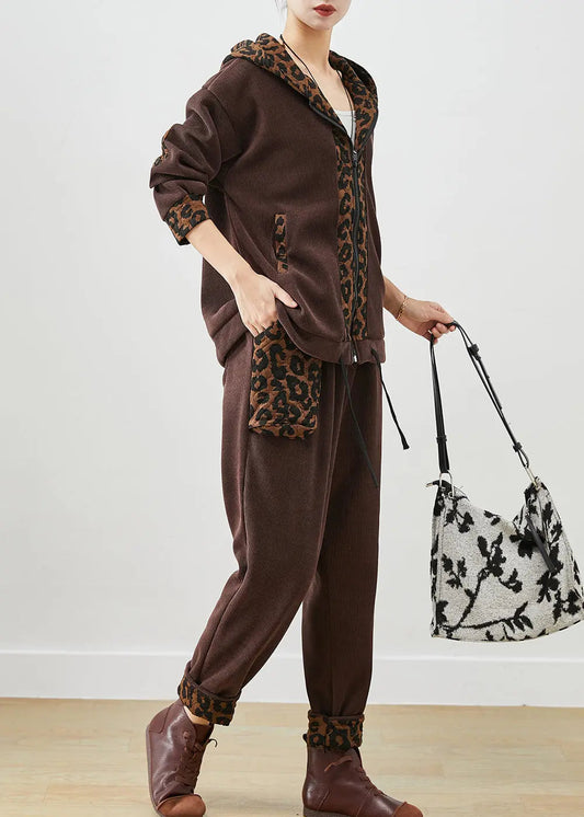 Chocolate Patchwork Leopard Warm Fleece Corduroy Two Piece Set Outfits Winter Ada Fashion