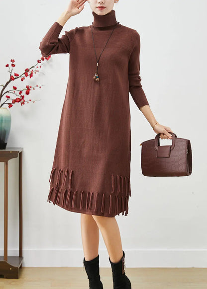 Chocolate Silm Knit Dress Tasseled Turtle Neck Fall Ada Fashion