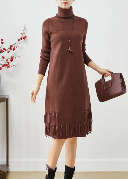 Chocolate Silm Knit Dress Tasseled Turtle Neck Fall Ada Fashion