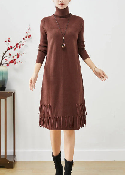 Chocolate Silm Knit Dress Tasseled Turtle Neck Fall Ada Fashion