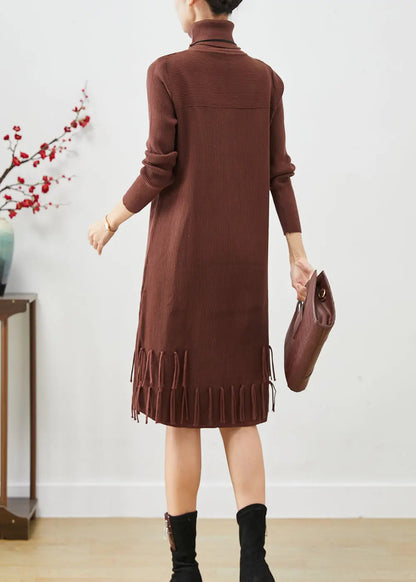 Chocolate Silm Knit Dress Tasseled Turtle Neck Fall Ada Fashion