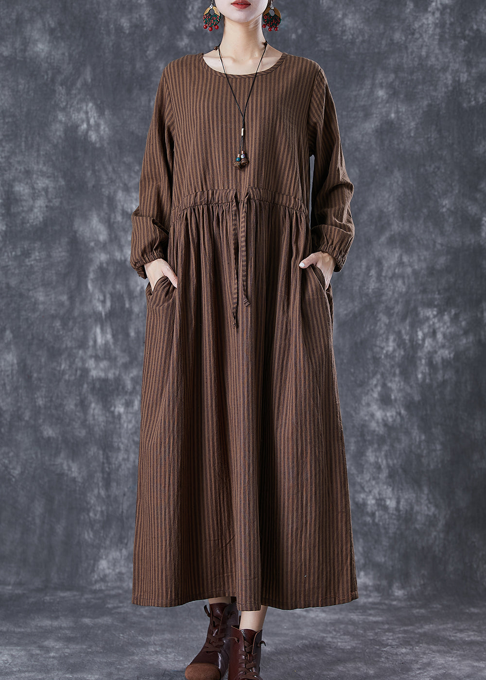 Chocolate Striped Linen Long Dress Cinched Fall TD1002 - fabuloryshop