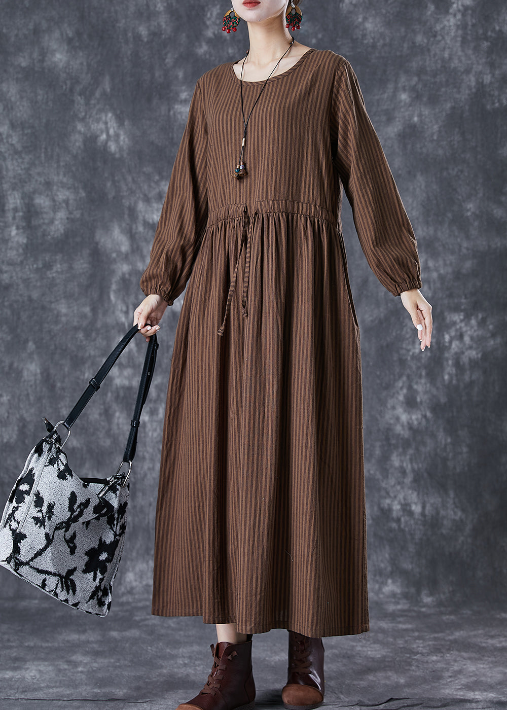 Chocolate Striped Linen Long Dress Cinched Fall TD1002 - fabuloryshop