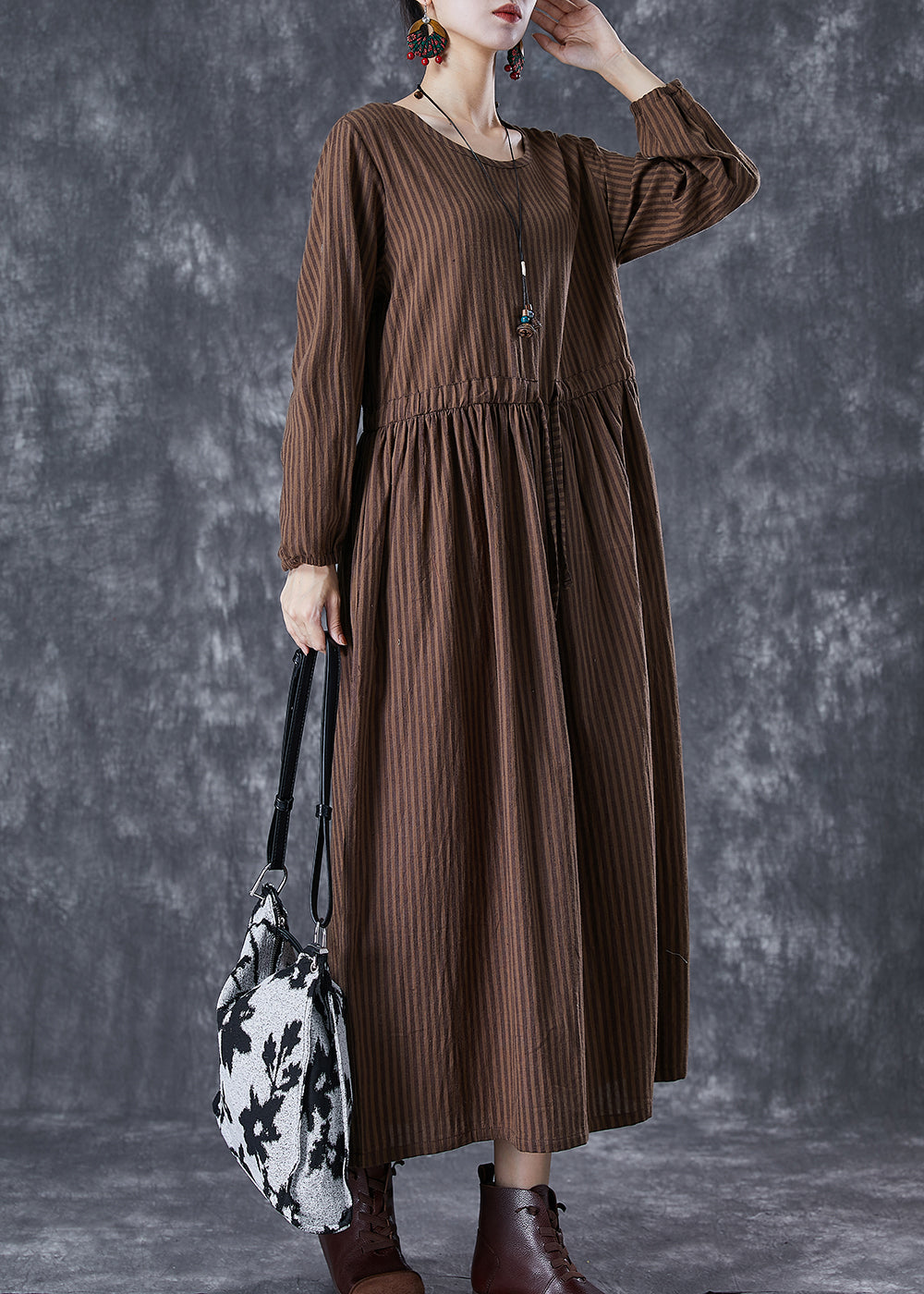 Chocolate Striped Linen Long Dress Cinched Fall TD1002 - fabuloryshop