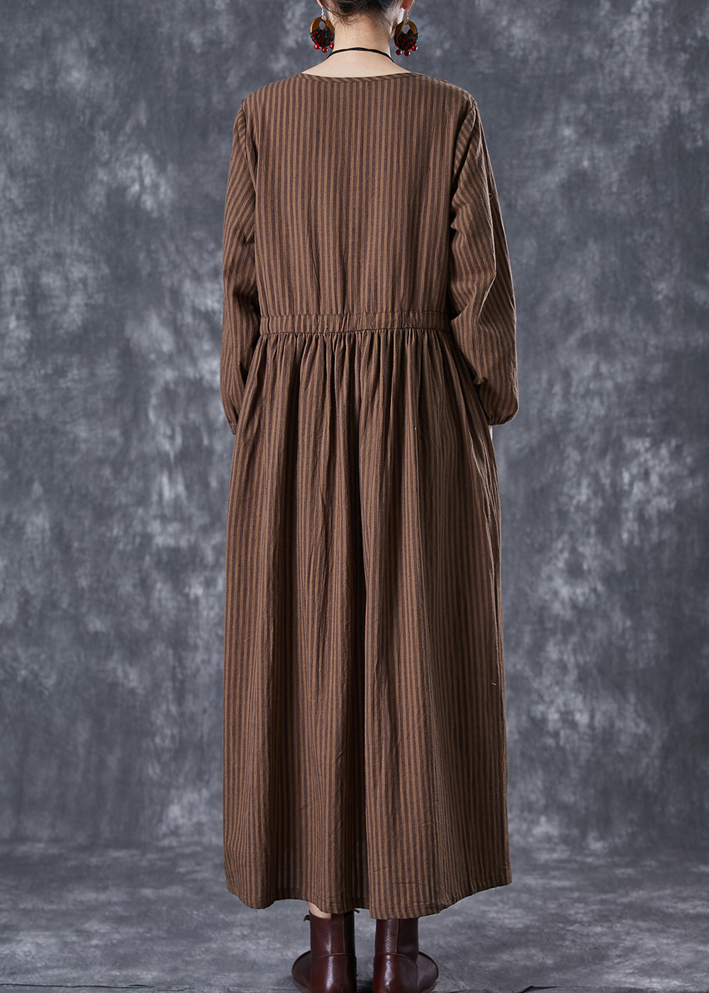 Chocolate Striped Linen Long Dress Cinched Fall TD1002 - fabuloryshop