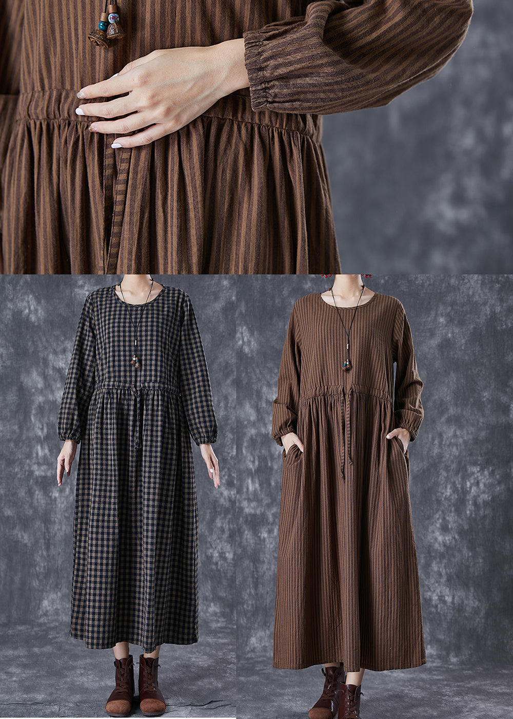 Chocolate Striped Linen Long Dress Cinched Fall TD1002 - fabuloryshop