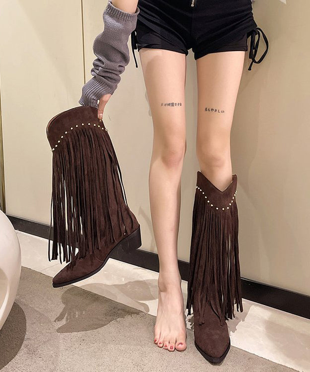 Chocolate Tassel Rivet Chunky Boots