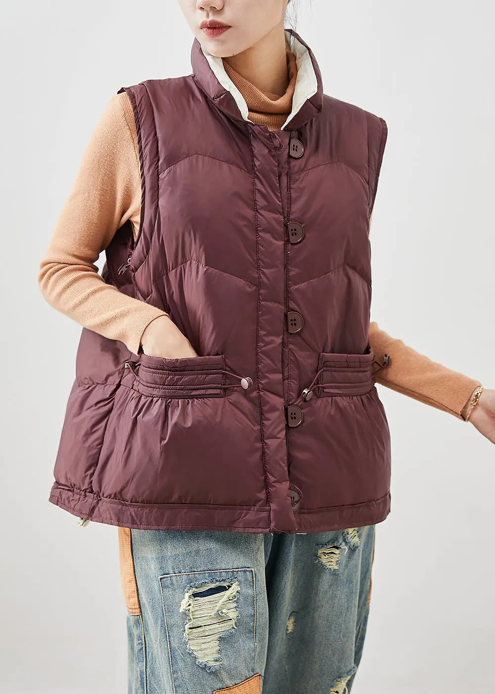 Chocolate Thick Duck Down Vest Tops Drawstring Pockets Winter Ada Fashion