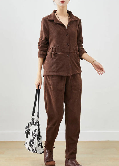 Chocolate Thick Warm Fleece Two Pieces Set Chinese Button Winter Ada Fashion