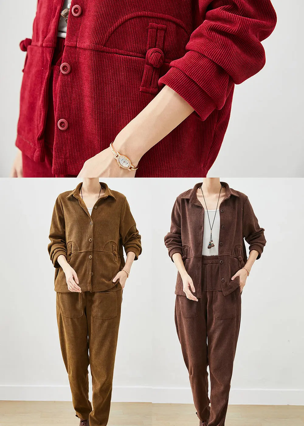 Chocolate Thick Warm Fleece Two Pieces Set Chinese Button Winter Ada Fashion