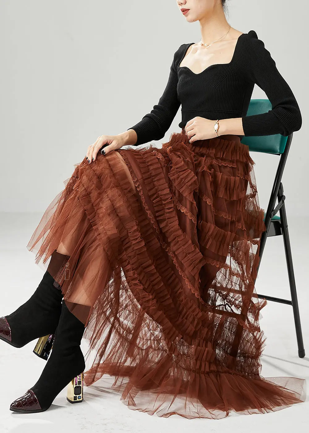 Chocolate Tulle A Line Skirts Ruffled Fall Ada Fashion