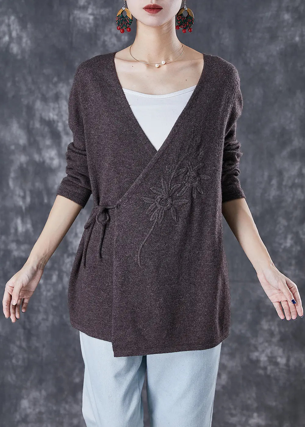 Chocolate Wool Knit Cardigan Embroideried Tie Waist Winter Ada Fashion