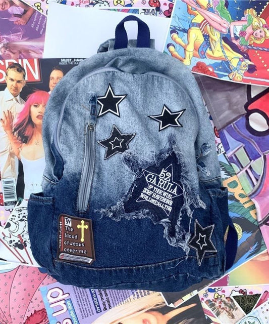 Classic Gradient Blue Denim Patch Large Capacity Backpack Bag Ada Fashion