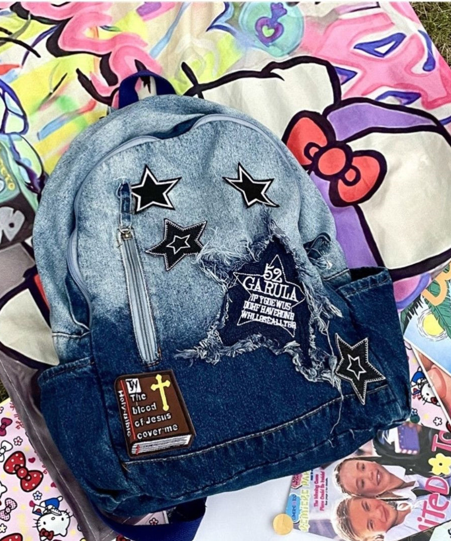 Classic Gradient Blue Denim Patch Large Capacity Backpack Bag Ada Fashion