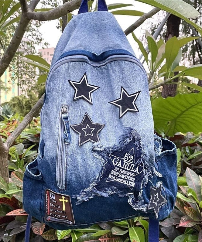 Classic Gradient Blue Denim Patch Large Capacity Backpack Bag Ada Fashion