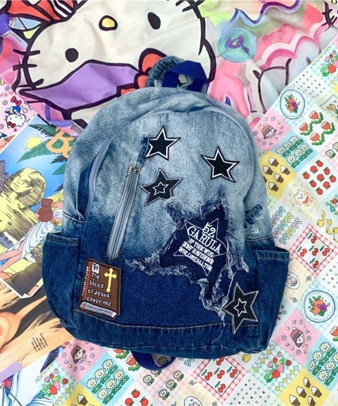 Classic Gradient Blue Denim Patch Large Capacity Backpack Bag Ada Fashion