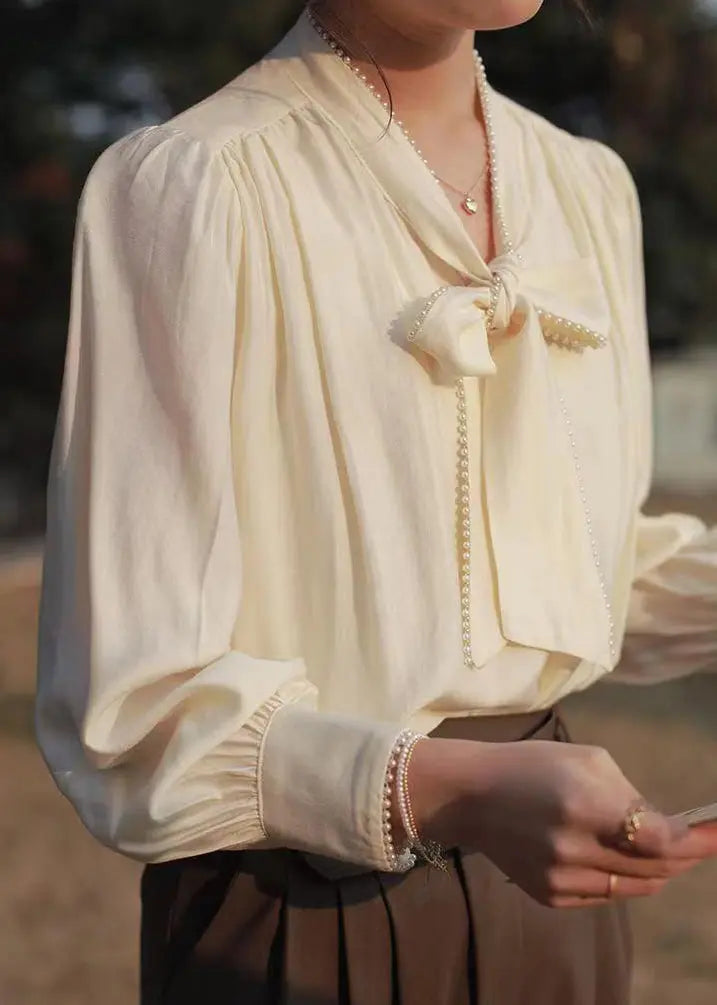 Classy Apricot Lace Up Pearl  Cotton Blouses Fall Ada Fashion