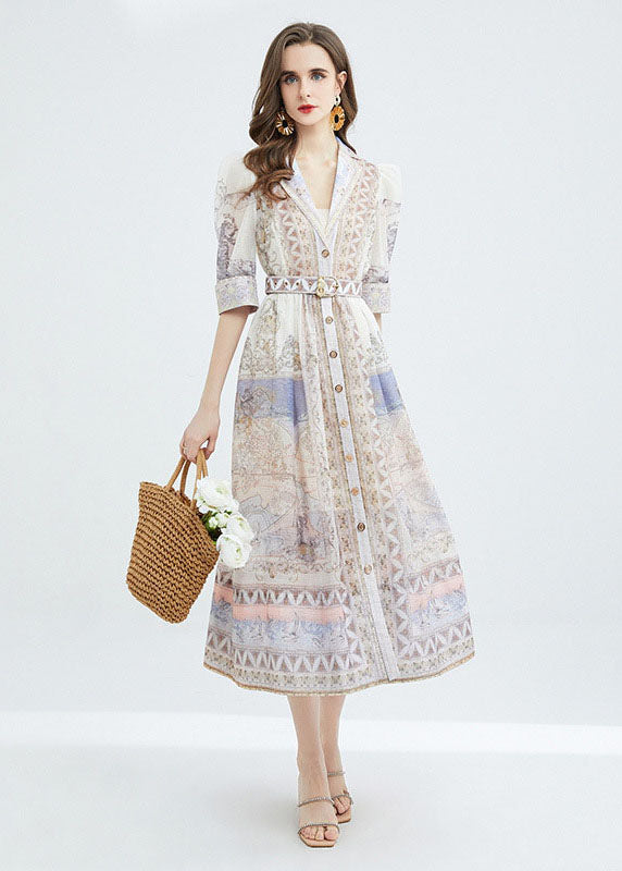 Classy Apricot Peter Pan Collar Print Sashes Patchwork Cotton Dresses Summer LY7370 - fabuloryshop