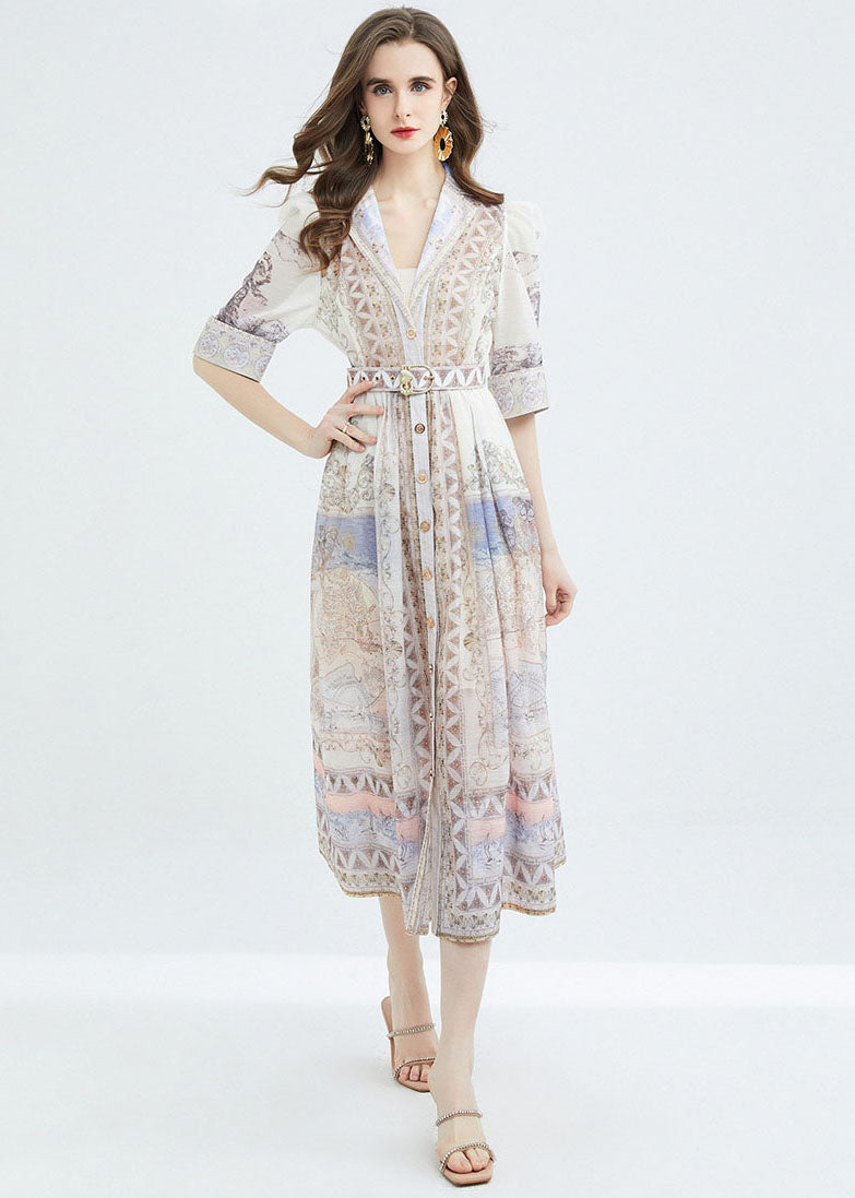 Classy Apricot Peter Pan Collar Print Sashes Patchwork Cotton Dresses Summer LY7370 - fabuloryshop
