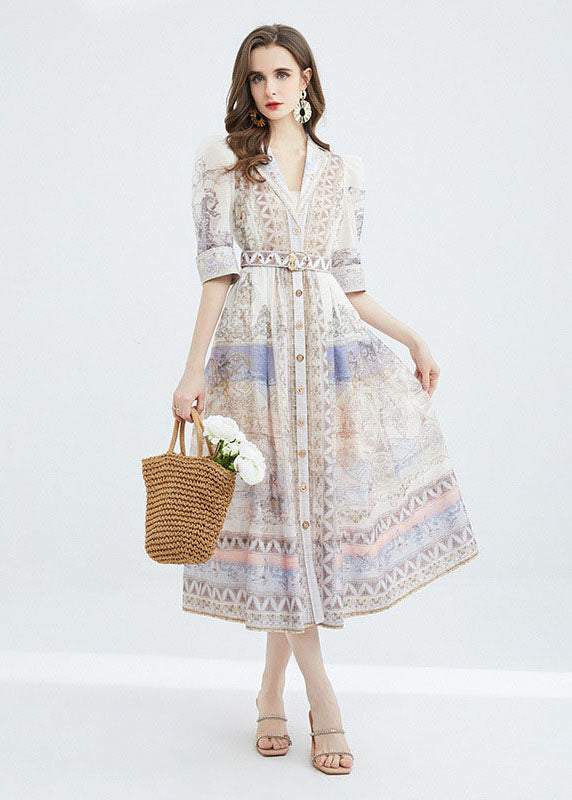 Classy Apricot Peter Pan Collar Print Sashes Patchwork Cotton Dresses Summer LY7370 - fabuloryshop
