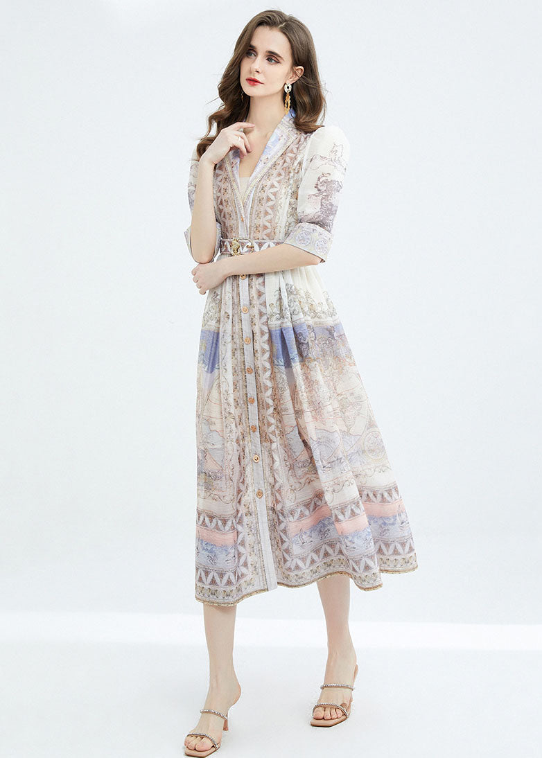 Classy Apricot Peter Pan Collar Print Sashes Patchwork Cotton Dresses Summer LY7370 - fabuloryshop