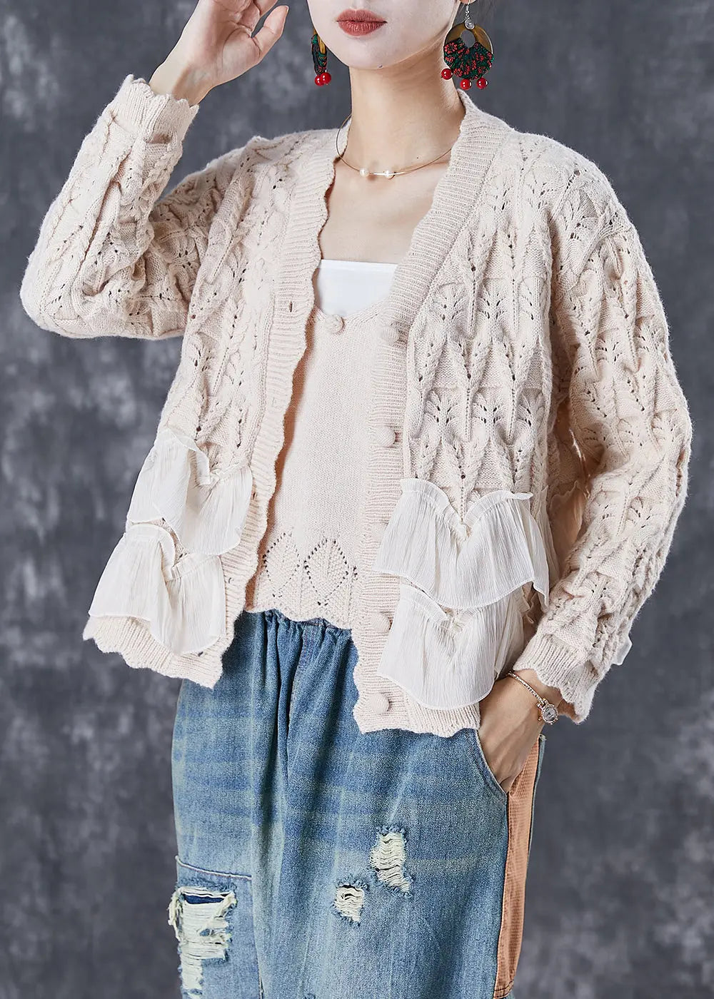 Classy Apricot Ruffles Patchwork Knit Cardigan Two Piece Set Fall Ada Fashion