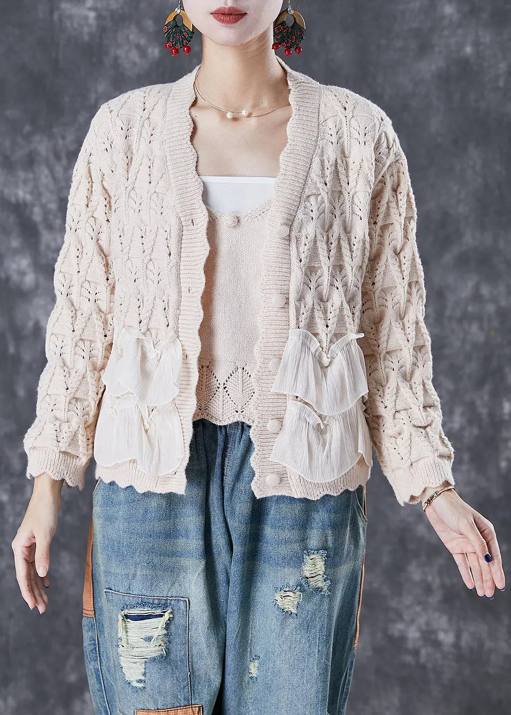 Classy Apricot Ruffles Patchwork Knit Cardigan Two Piece Set Fall Ada Fashion