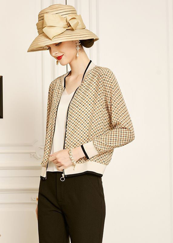 Classy Apricot V Neck Zippered Plaid Print Silk Coats Spring LY0375 - fabuloryshop