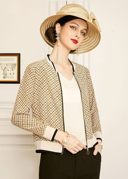 Classy Apricot V Neck Zippered Plaid Print Silk Coats Spring LY0375 - fabuloryshop