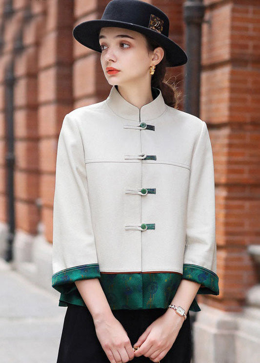 Classy Beige Chinese Button Patchwork Faux Leather Coats Spring LY1674 - fabuloryshop