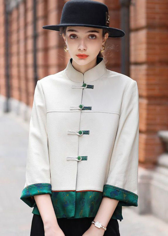 Classy Beige Chinese Button Patchwork Faux Leather Coats Spring LY1674 - fabuloryshop